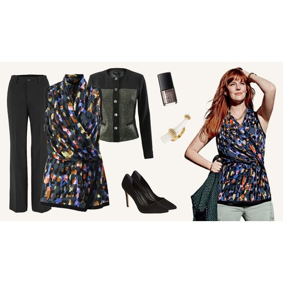 CAbi Flaunt‎ Wrap Sleeveless Blouse Size Medium Black Multicolor Style 3077 - Picture 4 of 16